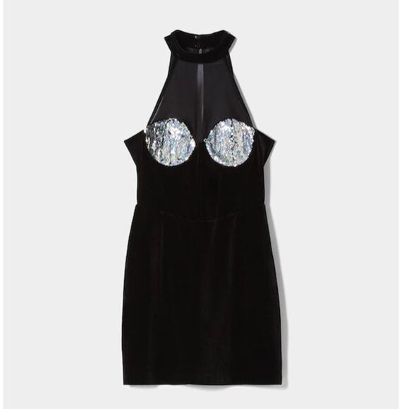 NWT BERSHKA Shimmering Sequins Velvet Mini Dress Sz XS - Picture 3 of 8